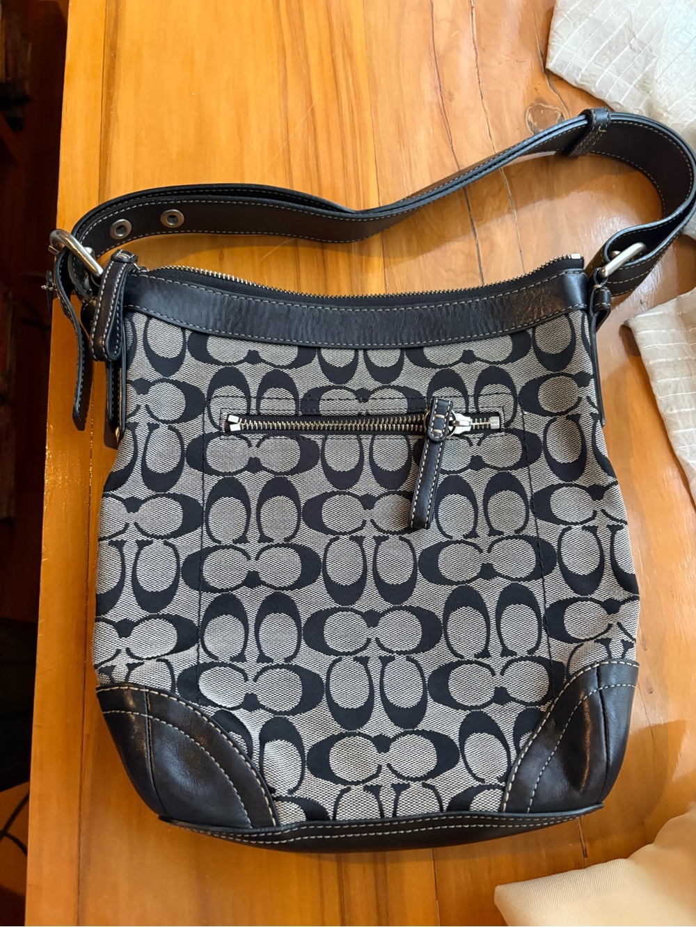 Coach Black and Gray Signature Canvas Shoulder Bag
